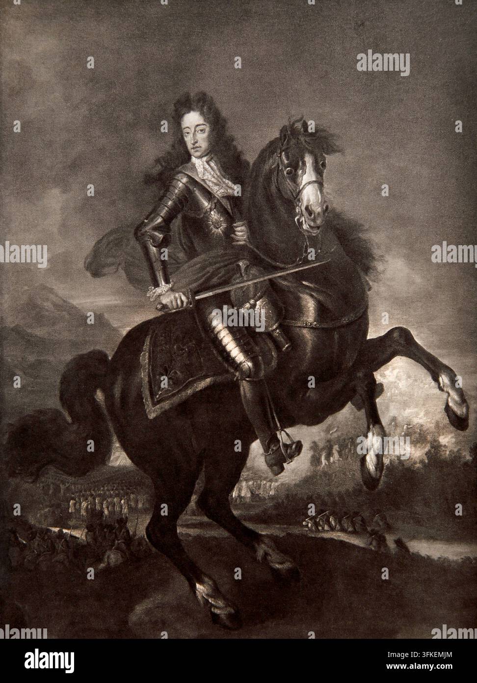Illustration du roi Guillaume III et II (Guillaume d'Orange) sur un cheval rampants à la bataille de la Boyne en Irlande le 1er juillet 1690 d'après l'édition de 1905 Banque D'Images