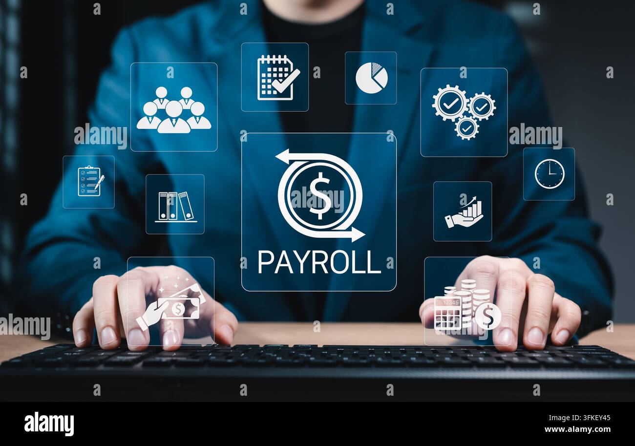 Système de gestion de la paie et de traitement des salaires. Femme d'affaires calcule la paie, avec des icônes représentant la gestion des salaires des employés, le paiement Banque D'Images