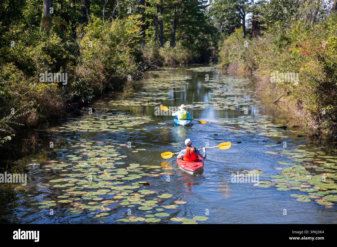 Detroit, Michigan – Deux hommes pagayent dans leurs kayaks sur Belle Isle, un parc insulaire dans la rivière Detroit. Banque D'Images