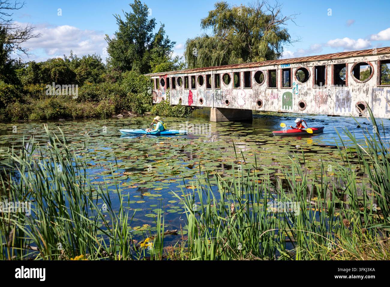 Detroit, Michigan – Deux hommes pagayent dans leurs kayaks sur Belle Isle, un parc insulaire dans la rivière Detroit. Ils passent sous un vieux pont (Graffiti Bri Banque D'Images