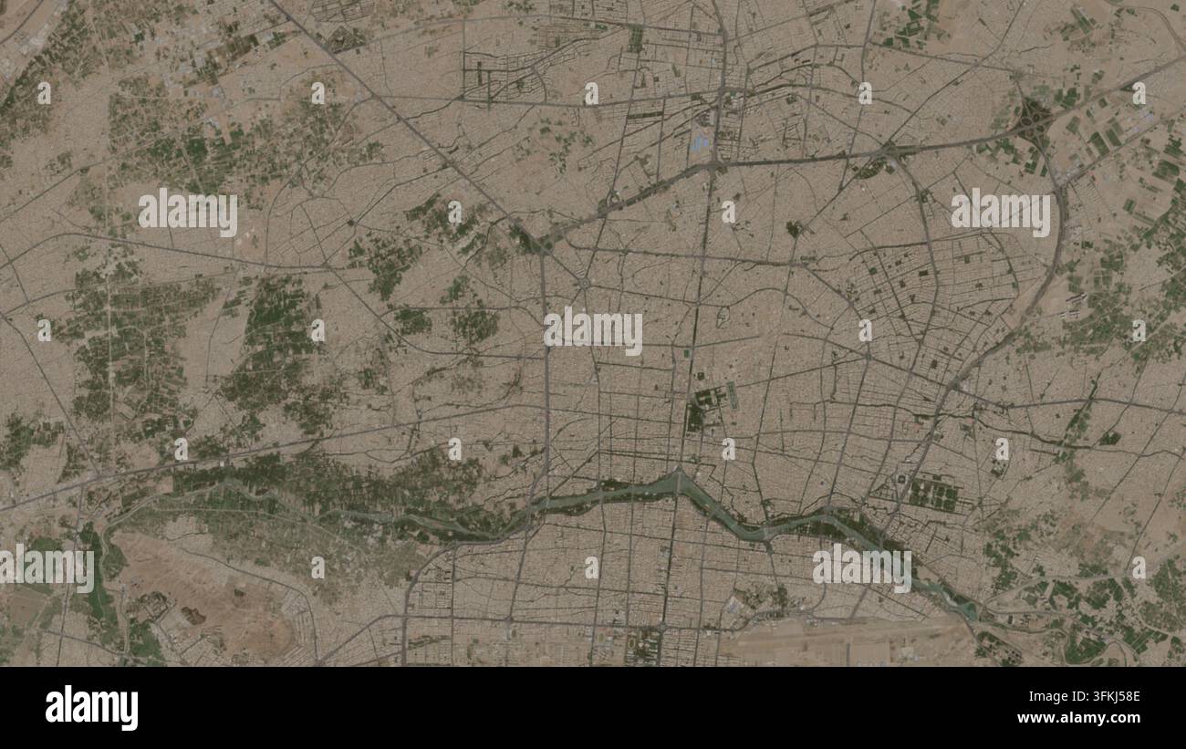 Illustration 3D aérienne vue par le dessus d'Ispahan, Iran (République islamique d'), montrant la ville et le paysage environnant à la lumière du petit matin. - Photomontage Banque D'Images