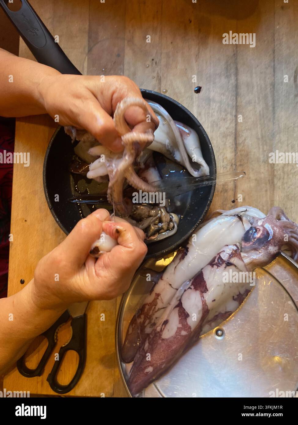 Les mains d'une personne nettoient méticuleusement des calmars frais dans une cuisine, préparant des fruits de mer crus pour la cuisson des calamars et assurant la qualité pour une cuisine traditionnelle Banque D'Images