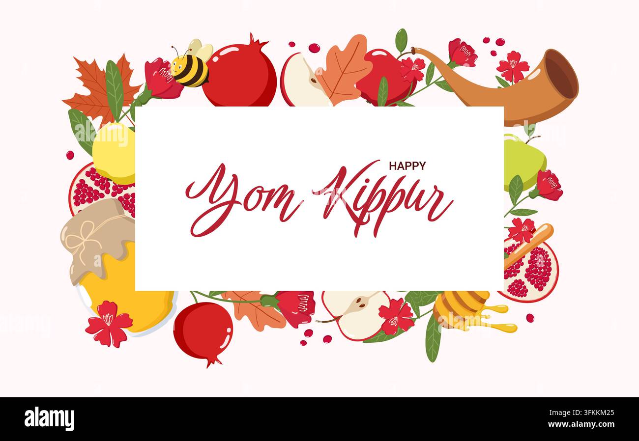 Illustration festive de Yom Kippour avec le texte « Happy Yom Kippour » en écriture rouge à l'intérieur d'un rectangle blanc, entouré de pommes, de grenades, de miel, de shofar, Banque D'Images