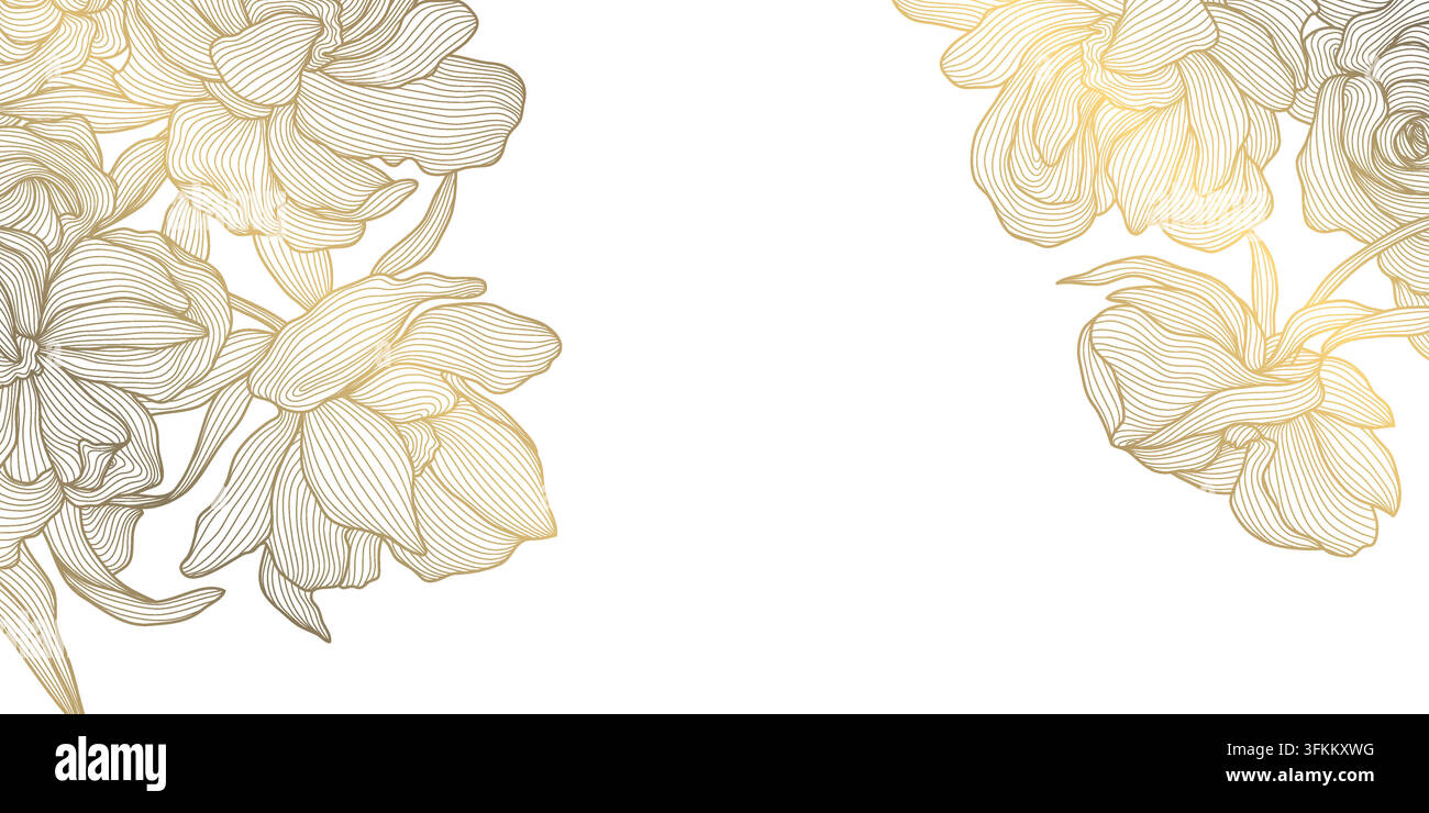 Motif floral luxueux et élégant, coins avec ligne dorée de fleurs de pivoine, feuilles, éléments botaniques de style chinois. Cartes de mariage, bordure fleurie Illustration de Vecteur