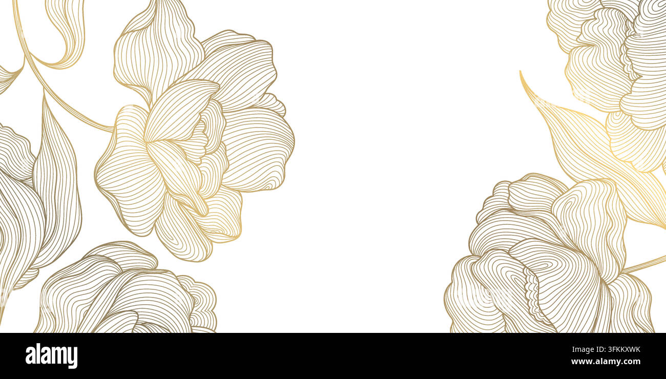 Motif floral luxueux et élégant, coins avec ligne dorée de fleurs de pivoine, feuilles, éléments botaniques de style chinois. Cartes de mariage, bordure fleurie Illustration de Vecteur