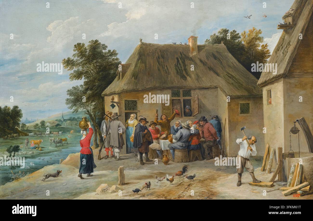 Une auberge de campagne, avec l'aubergiste coupant du bois, 1654. Banque D'Images