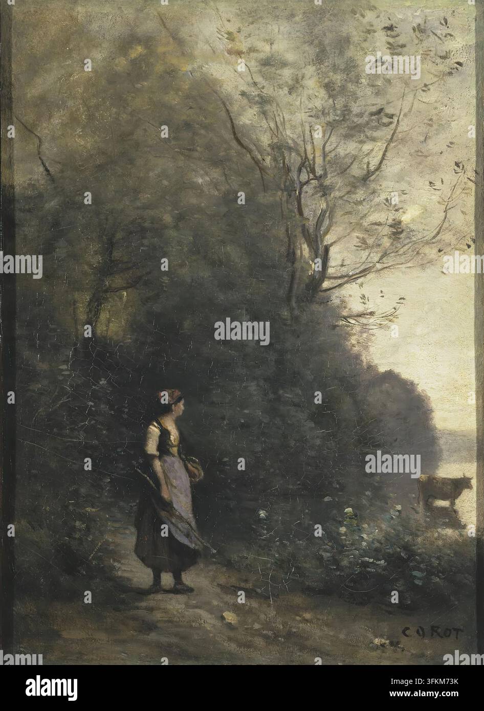 Une femme paysanne faisant paître une vache au bord d'une forêt, 1867. Banque D'Images