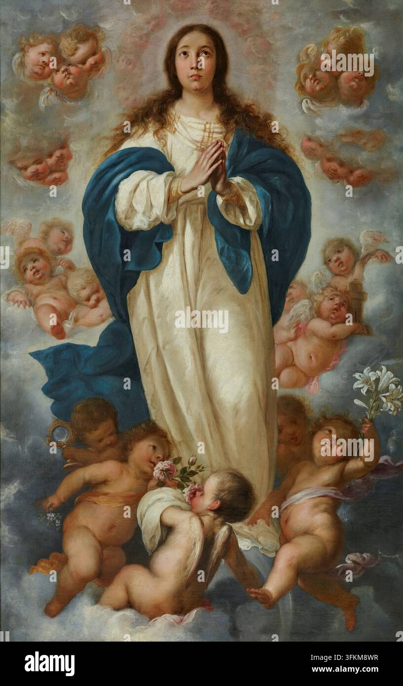 L'Immaculée Conception, 1670. L'Immaculée Conception est la doctrine selon laquelle la Vierge Marie était exempte de péché originel dès le moment de sa conception. (Dans la théologie chrétienne, le péché originel est l'état de péché que tous les humains partagent, qu'ils héritent de la chute d'Adam et Ève, impliquant la perte de la justice originelle et la déformation de l'Image de Dieu.) Le dogme de l'Immaculée Conception est l'un des quatre dogmes mariaux de l'Église catholique. Débattu par les théologiens médiévaux, il n'a été défini comme un dogme qu'en 1854. Banque D'Images