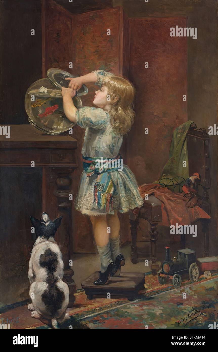 Une fille jouant avec un aquarium, 1890. Titre alternatif : Position probable du Globe avant le déluge. Son titre seul est très expressif de la nature anecdotique, littéraire et conventionnelle d'un certain genre de peinture de la fin du siècle, caractérisé par une sensibilité et une mentalité entièrement bourgeoises et domestiques. Cependant, malgré toutes ses limites, cette peinture, exécutée avec une technique sobre et efficace, possède une valeur documentaire extraordinaire. En dehors de la superficialité du sujet et du jeu de mots naïf du titre, la peinture est un excellent témoignage de Banque D'Images