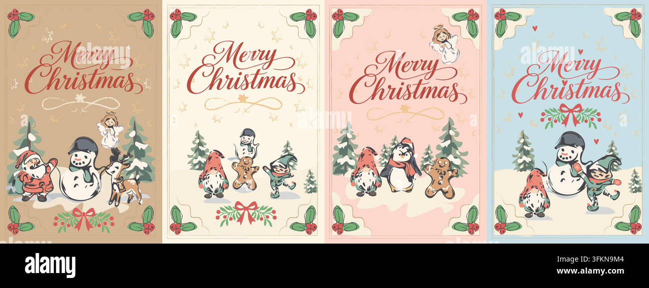 Lot de quatre cartes de vœux Joyeux Noël dessinées à la main Illustration de Vecteur