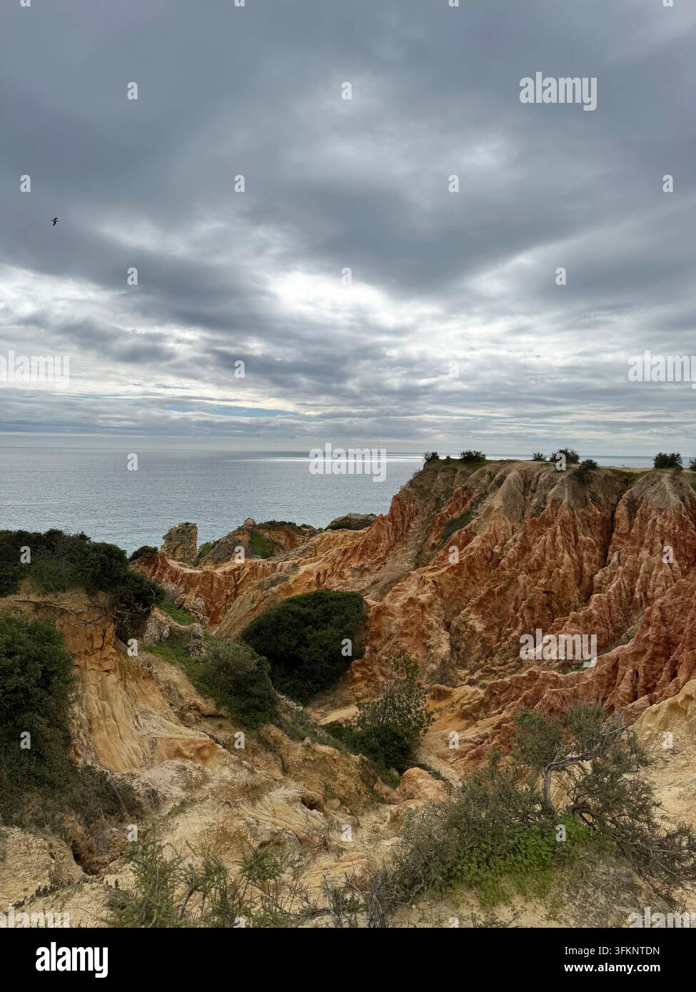 Falaises de grès érodées sur la côte de l'Algarve au Portugal surplombant l'océan Atlantique sous un ciel nuageux dramatique en février - Image de stock capturée avec un smartphone