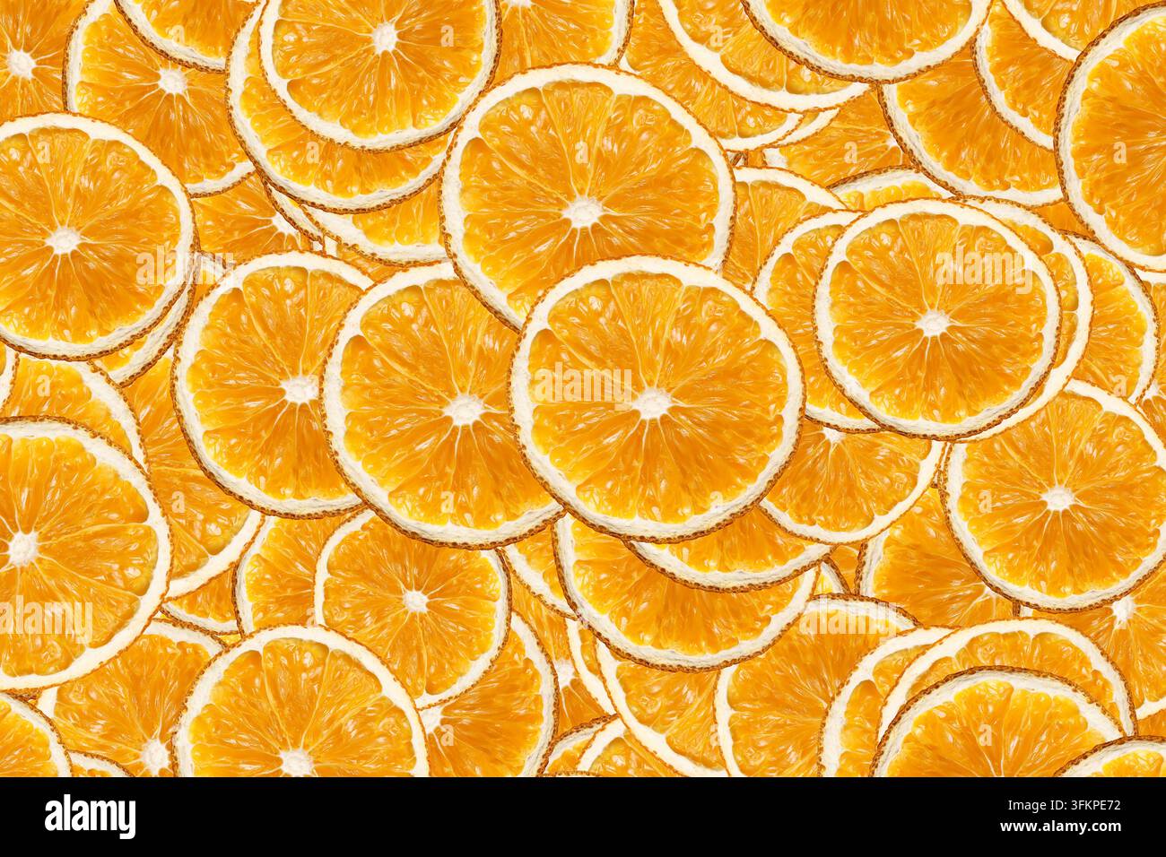 Tranches d'orange séchées disposées en motif coloré. Fond de fruits citriques pour la décoration de texture d'aliments séchés, ingrédients naturels et collations saines. Banque D'Images