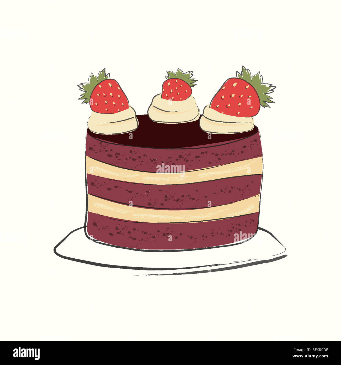 Gâteau de style dessiné à la main avec une fraise, adapté pour les cartes de vœux, les bannières et les textiles. Illustration vectorielle isolée de boulangerie douce de style dessiné à la main. Parfait pour les menus de café, les cartes de vœux Illustration de Vecteur