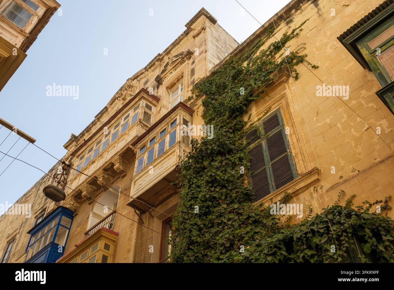 Bâtiment traditionnel en calcaire à Valletta Malte avec des balcons en bois Gallarija et une plante grimpante sur les murs du bâtiment à côté des volets Banque D'Images