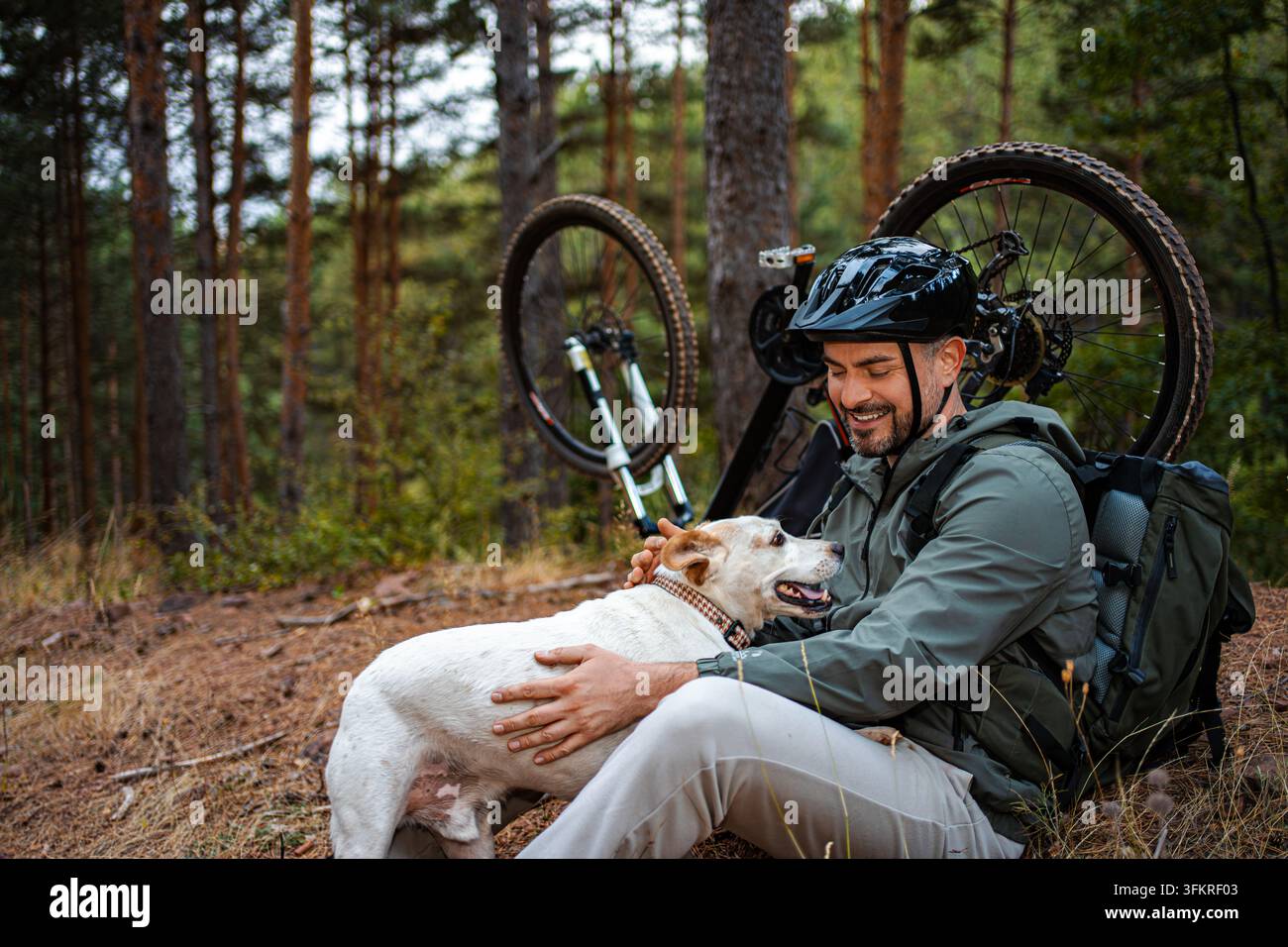 Des moments heureux dans la forêt avec un chien et un vélo de montagne sous les grands arbres Banque D'Images