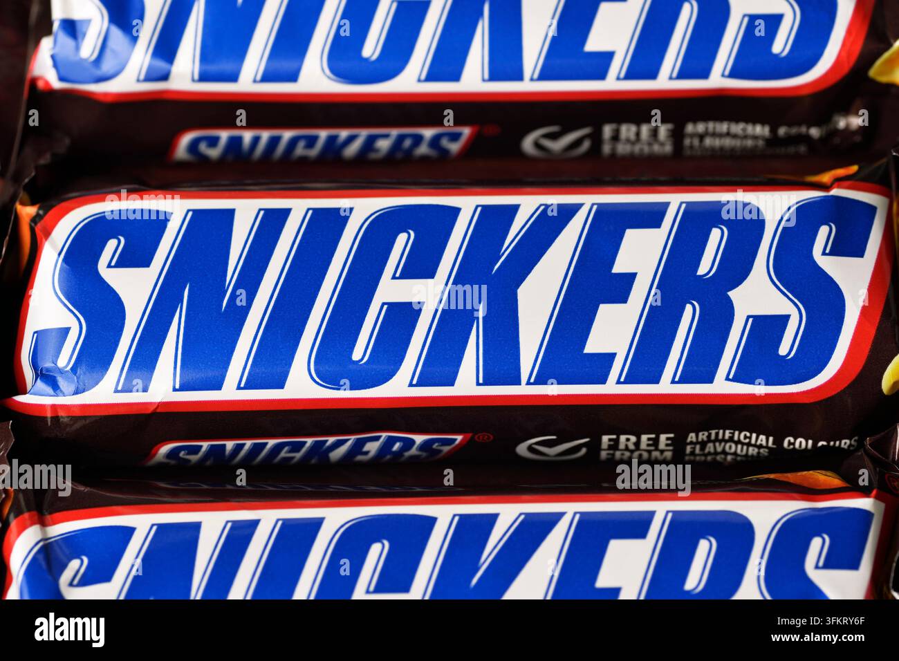 Barres de chocolat Snickers, gros plan Banque D'Images