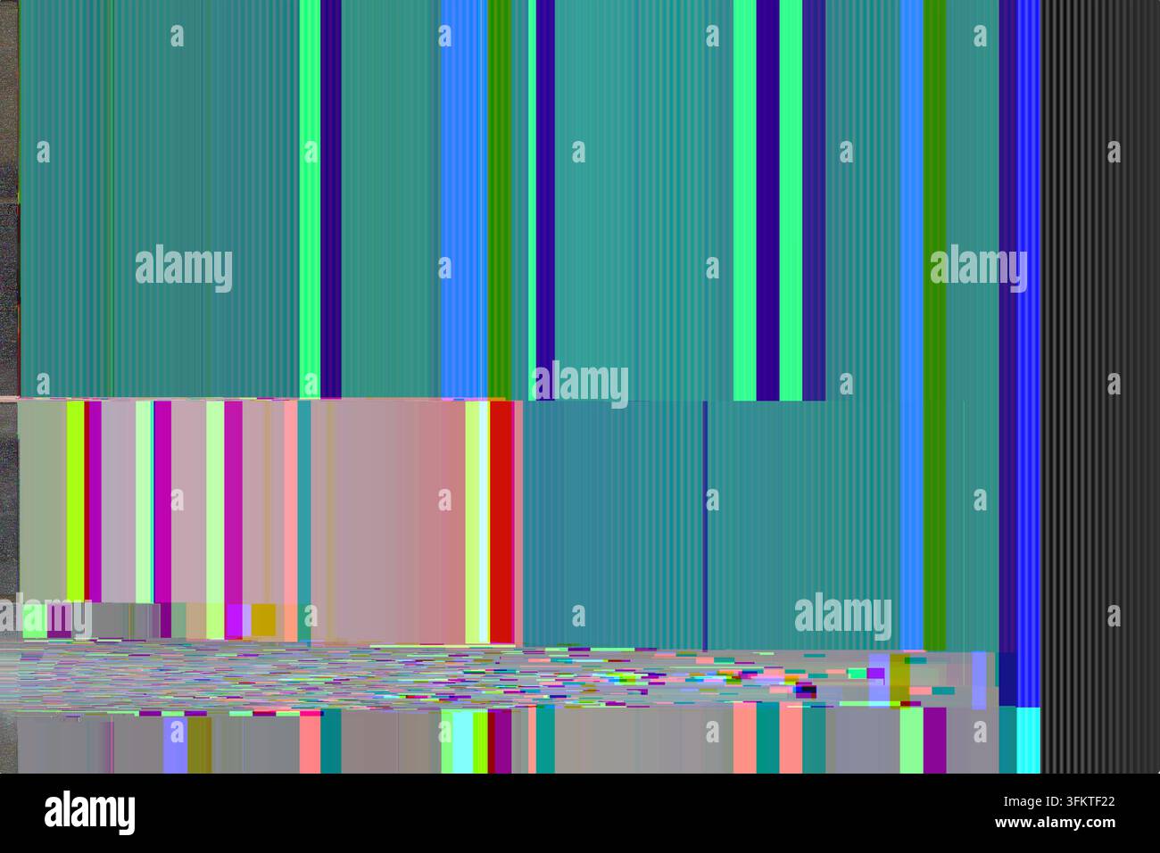 Œuvre d'art numérique abstrait de défaillance numérique présentant des barres de couleur verticales en bleu-vert, bleu, vert, violet et rose avec distorsion horizontale et artefact de pixelisation Banque D'Images