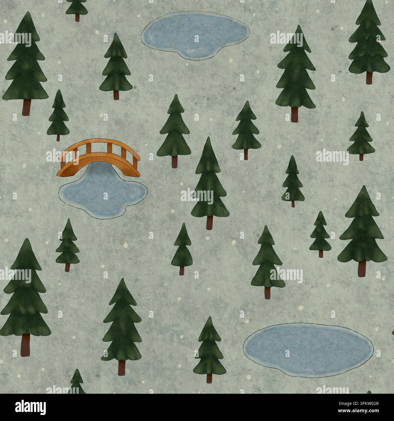Motif de forêt hivernale dessiné à la main sans couture avec des pins vert foncé, de petits étangs gelés, un pont en bois en arche et de la neige dispersée sur une texture atténuée Banque D'Images