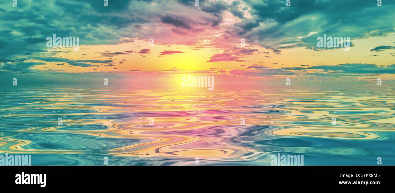 Un coucher ou lever de soleil époustouflant avec des couleurs vibrantes reflétées sur un océan calme, entouré de nuages dramatiques Banque D'Images