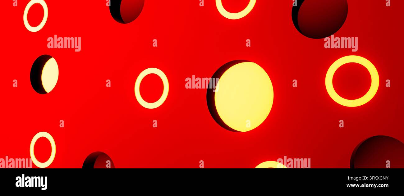 Fond rouge abstrait avec des cercles lumineux, rendu 3D. Banque D'Images