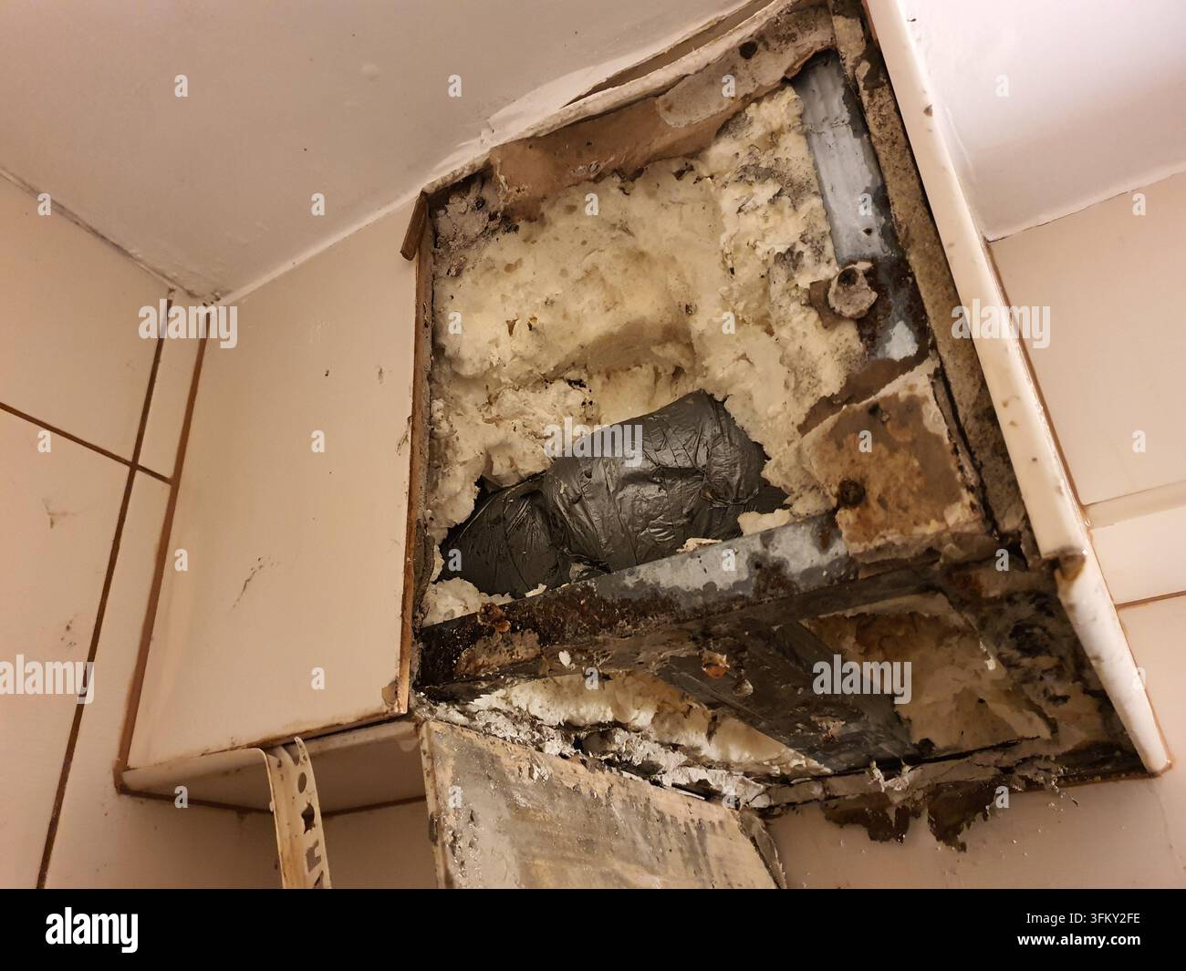 Cette image montre des dommages et une détérioration graves par l'eau à l'intérieur d'une armoire murale, probablement située dans une salle de bain ou une cuisine. L'armoire Banque D'Images
