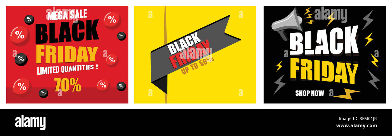 Black Friday, Grande vente. Les rubans et bannières de promotion sont prêts. Vente du Black Friday avec texte et mégaphone. Illustration moderne vectorielle plate Illustration de Vecteur