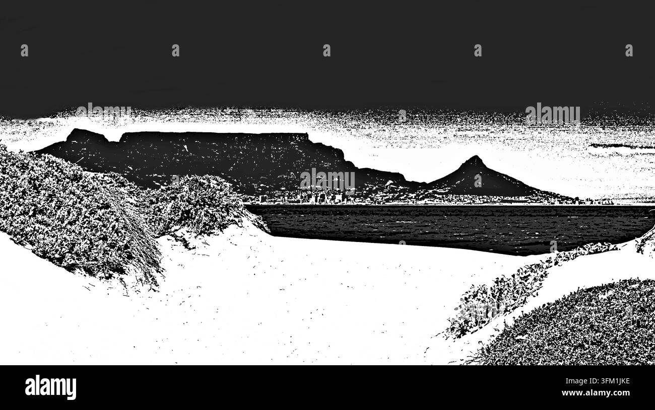 Paysage avec la montagne de la Table au Cap monochrome en techniques mixtes Banque D'Images