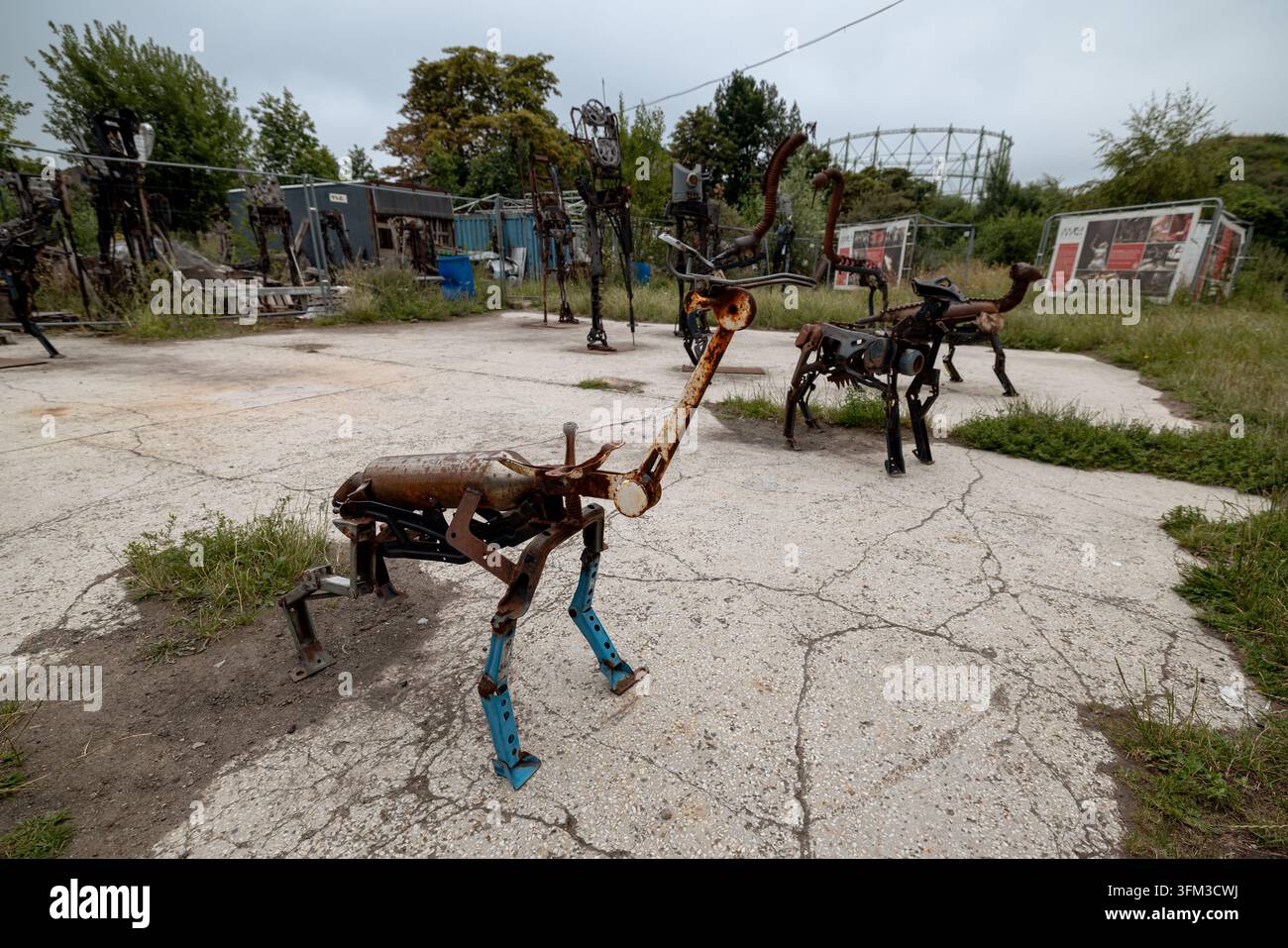 Sculptures de l'artiste polonais Czesław Podleśny assemblées à partir de métal industriel récupéré se dressent dans l'ancienne fonderie de Gdańsk. Banque D'Images