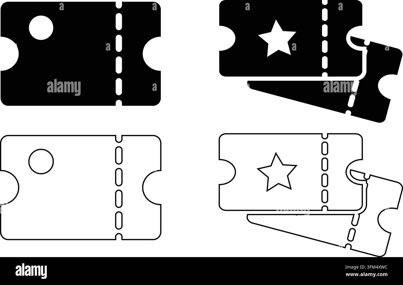 Formes de tickets minimalistes avec versions noires pleines et en contour, adaptées pour les billets d'entrée au cinéma, les passes de concert ou le branding des entrées de carnaval. Illustration de Vecteur