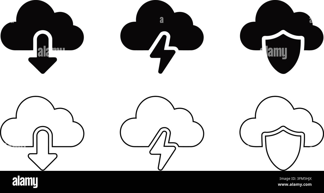Symboles météorologiques pour la tempête et la pluie, illustrations de nuages de sécurité des données, ensemble de vecteurs de flèche de téléchargement pour la conception d'interface. Illustration de Vecteur
