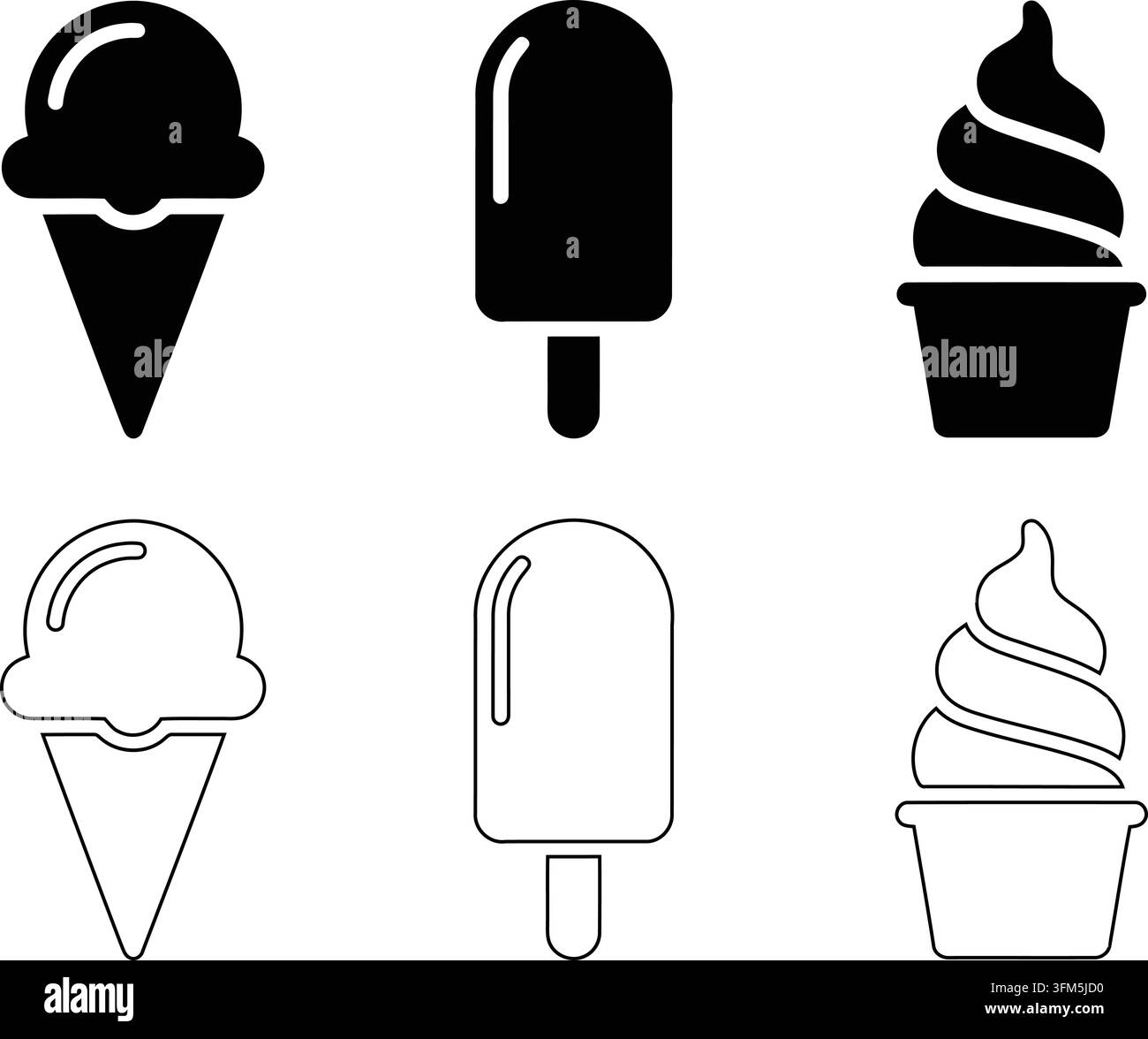 Six symboles de glaces classiques mettant en vedette des designs de cônes à glace molle et de gobelets en formats noir épais et contours épurés. Illustration de Vecteur