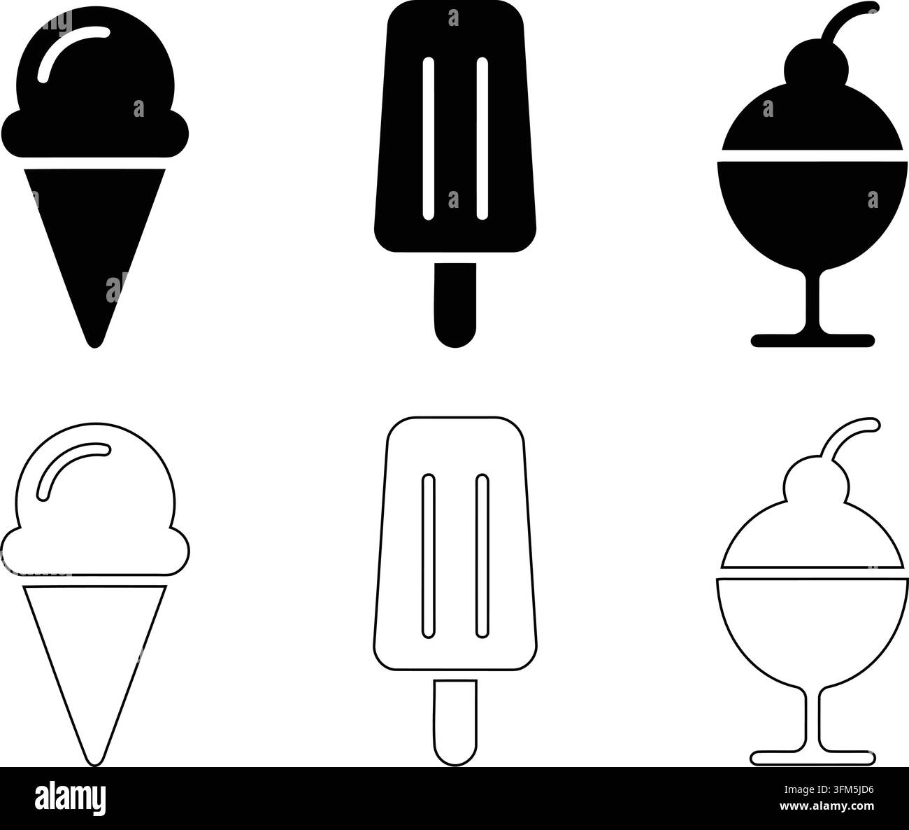 Six icônes simples de glaces représentant des variétés en cornet et en tasse dans un style de conception graphique vectorielle en noir uni et en contour. Illustration de Vecteur