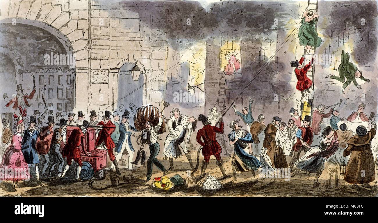 Une illustration à l’aquatinte intitulée "Pompier utilisant une pompe à feu manuelle, combattant un incendie dans une Maison d’Accueil (bordel)", illustrée par Cruikshank. Au début du XIXe siècle, les "Maisons d’Accueil" étaient des euphémismes pour les bordels, et la lutte contre les incendies reposait sur des pompes manuelles rudimentaires et des échelles. La scène représente un veilleur de nuit, ou "Charley", qui agite sa crécelle pour donner l’alarme tandis que les habitants s’échappent du bâtiment. Tiré de "Life in London" de Pierce Egan. Pierce Egan, 1821. Banque D'Images