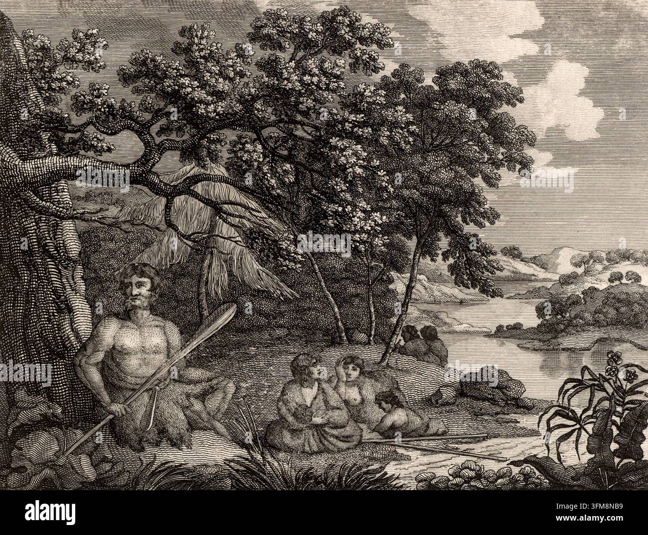 Une gravure représentant les Maoris d'Aotearoa (Nouvelle-Zélande) à Dusky Sound tels qu'ils ont été rencontrés par le capitaine James Cook (1728–1779) lors de son deuxième voyage dans le Pacifique. Basé sur un dessin de l'artiste de voyage William Hodges (1744–1797), la scène dépeint un groupe familial sur le rivage, comprenant un homme assis sous un arbre avec une massue à long manche et d'autres reposant au bord de l'eau, tel que publié dans Captain Cook's Original Voyages Round the World à Woodbridge, Suffolk. c.1815. Banque D'Images
