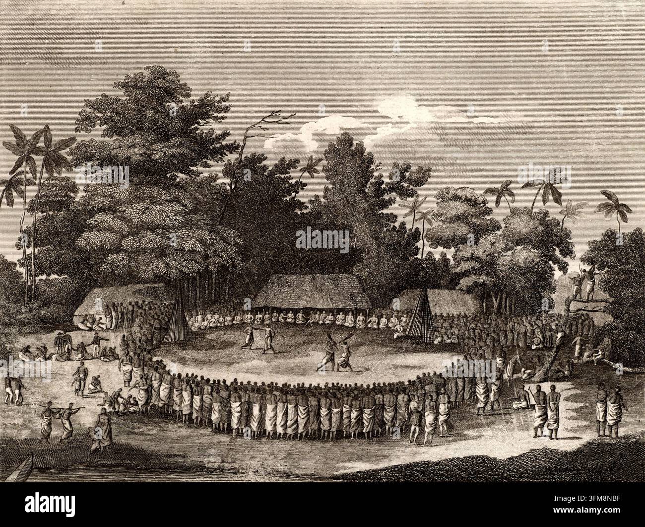 Une gravure intitulée "La Réception du capitaine Cook à Hapaee" représentant le capitaine James Cook (1728–1779) lors d'une réception cérémonielle dans l'archipel de Ha'apai à Tonga, alors connu sous le nom d'Îles Amies, au cours de son troisième voyage de découverte. Basée sur un dessin original de l'artiste d'expédition John Webber (1751–1793), la scène capture les matchs traditionnels de lutte et de boxe organisés pour les visiteurs britanniques en mai 1777. Cette planche a été incluse dans les Voyages originaux du capitaine Cook autour du monde, publiés par B. Smith à Woodbridge. c.1815. Banque D'Images