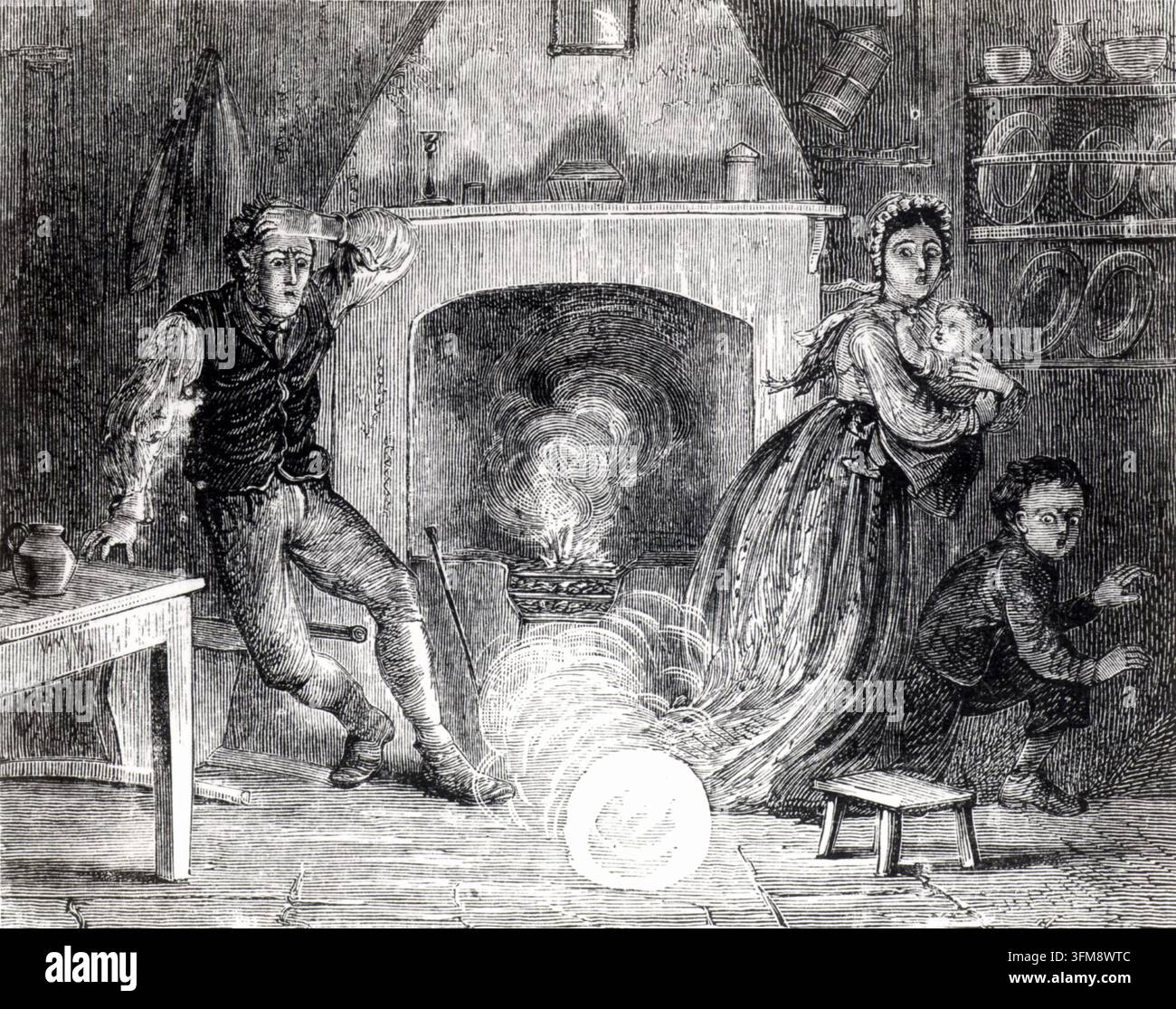 Une gravure représentant une famille terrifiée par une boule de feu, ou bolide, tombant par la cheminée dans leur cuisine, tirée de « The Aerial World » du Dr. Georg Ludwig Hartwig (1813–1880). Cette œuvre, publiée par Longmans, Green, et Co., illustre divers phénomènes atmosphériques, reflétant l'intérêt scientifique victorien pour les rapports sur les éclairs en boule et les événements météoriques. 1881. Banque D'Images