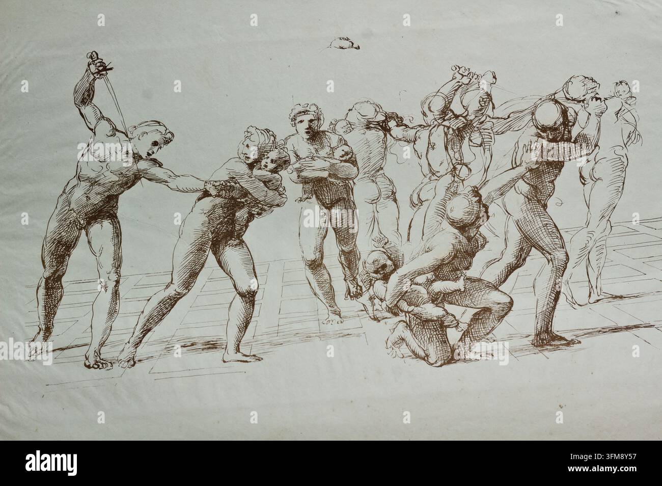 Dessin fac-similé historique de 1841 de la Lawrence Gallery, d'après Raphaël, représentant un groupe dramatique de figures masculines dans une composition de la Renaissance. Banque D'Images