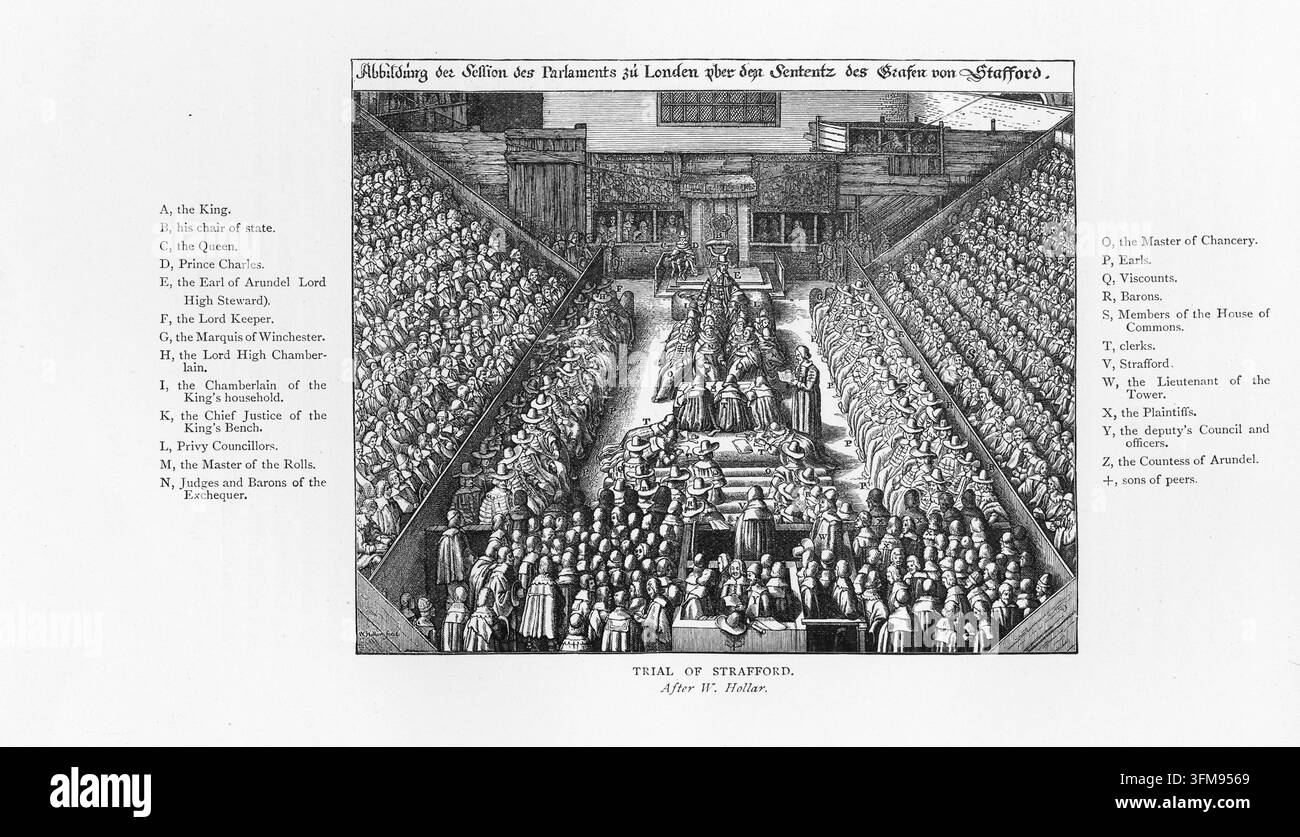 Une gravure d'après Wenceslaus Hollar représentant Thomas Wentworth, 1er comte de Strafford (1593–1641) lors de son procès pour haute trahison à la Westminster Hall. Homme d'État anglais et conseiller principal du roi Charles Ier, Strafford fut mis en accusation par le Long Parlement pendant les bouleversements politiques qui ont conduit à la guerre civile anglaise. L'estampe détaillée illustre la salle bondée avec les membres de la Chambre des communes et de la Chambre des lords présents, tandis que le roi et la reine Henrietta Maria observent les procédures depuis une loge masquée. Présidée par le comte d'Arundel en tant que Lord Grand Intendant, le procès Banque D'Images