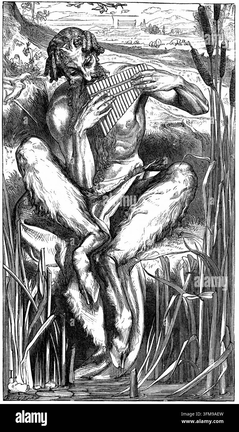Une gravure sur bois représentant le dieu grec Pan par Frederic Leighton, 1er baron Leighton (1830–1896), assis parmi les roseaux d’une rivière en jouant de ses flûtes éponymes. Réalisée comme illustration pour le poème d’Elizabeth Barrett Browning « Un instrument musical », l’image visualise la divinité avec ses traits caprins traditionnels, notamment des cornes et des sabots fendus. Pan est entouré de flore des marais comme des roseaux et des libellules, avec un temple classique apparaissant au loin dans le paysage pour évoquer l’Arkadie antique. La composition explore l’intersection entre nature et création artistique, reflétant le victorien Banque D'Images