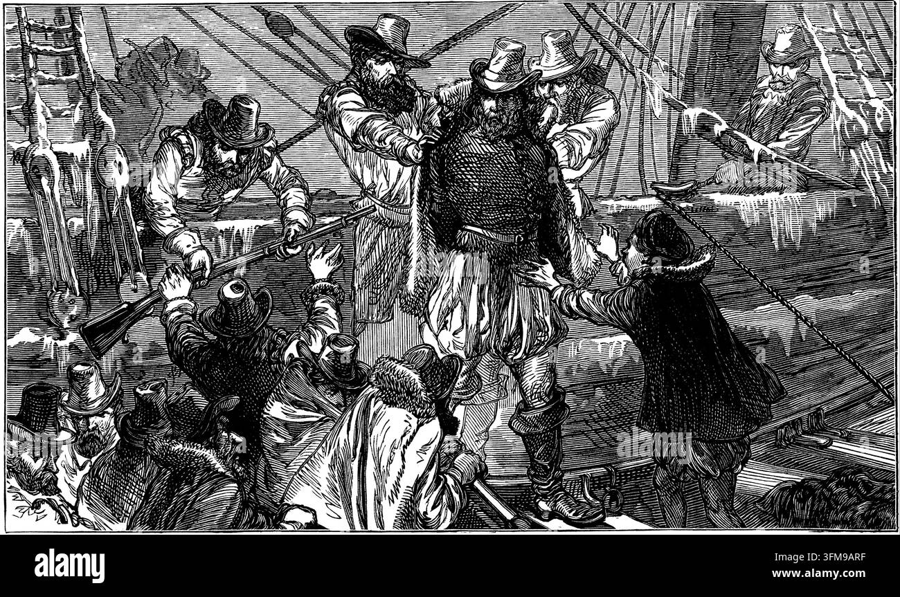 Une gravure sur bois représentant le navigateur anglais Henry Hudson (c. 1565–1611) étant abandonné dans une petite embarcation par son équipage en révolte sur le navire Discovery. Lors de son dernier voyage pour localiser le passage du Nord-Ouest, le navire de Hudson s’est retrouvé piégé dans les glaces de la baie de James, entraînant un hiver rigoureux et des rations épuisées. À l’arrivée du printemps, l’équipage s’est mutiné, forçant Hudson, son jeune fils John et sept autres membres d’équipage à prendre une barque avant de partir sous les voiles. Le groupe n’a jamais été revu et leur sort final reste une énigme de l’histoire maritime. c. 1880. Banque D'Images