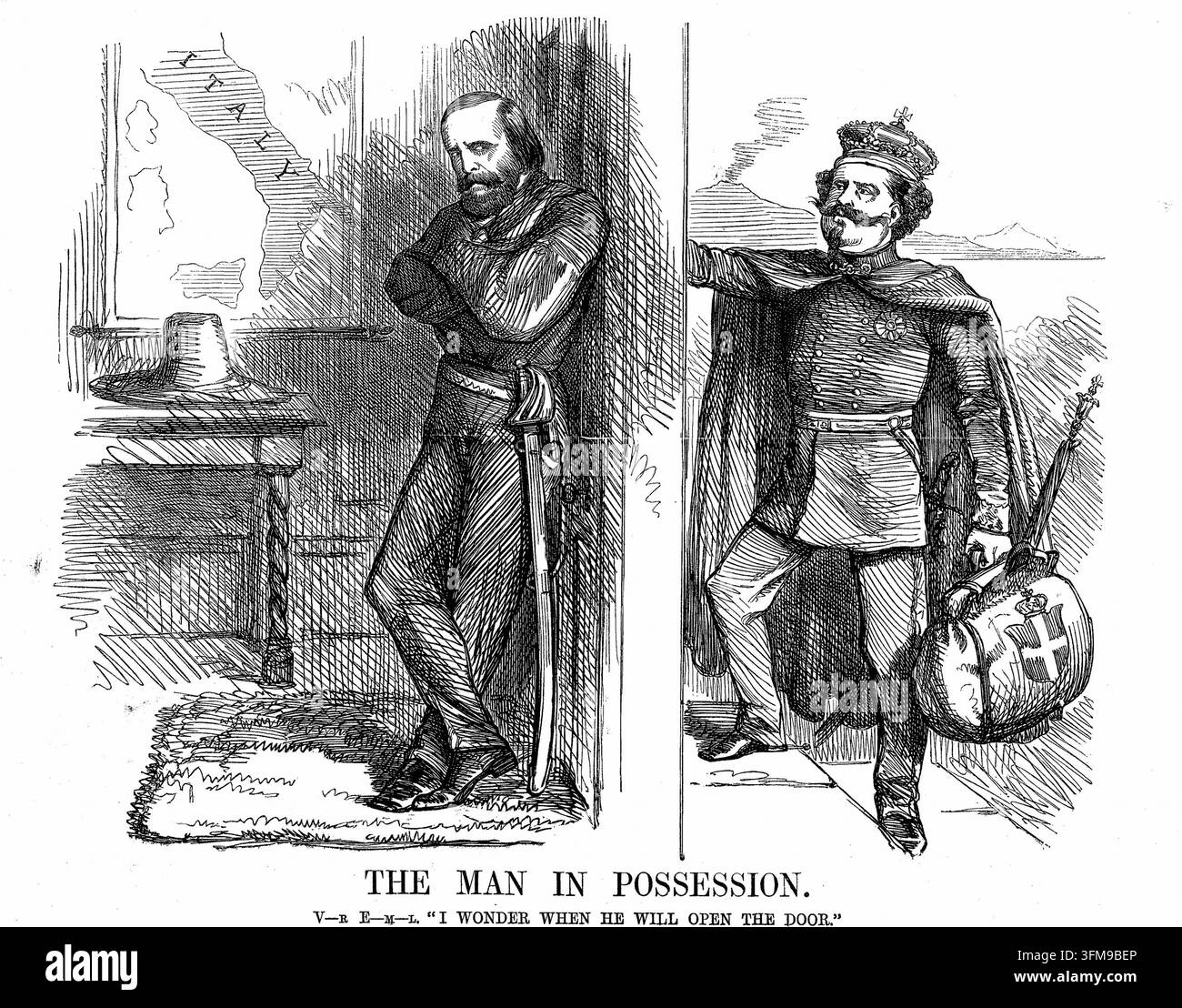 Une gravure sur bois de John Tenniel intitulée 'The Man in Possession' représentant Giuseppe Garibaldi (1807–1882) et Victor Emmanuel II (1820–1878) lors de l'unification de l'Italie. L'illustration montre Garibaldi dans une pièce avec une carte de l'Italie au mur, appuyé contre une porte pour bloquer l'entrée, tandis que Victor Emmanuel II se tient à l'extérieur tenant un sac marqué de la croix de Savoie. Elle reflète la période du Risorgimento lorsque les chemises rouges de Garibaldi avaient conquis le Royaume des Deux-Siciles et que le roi attendait que le leader révolutionnaire lui remette le contrôle des territoires au nouveau roi Banque D'Images