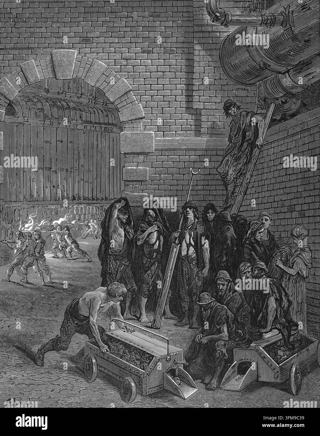 Une gravure sur bois de Gustave Doré (1832–1883) et Blanchard Jerrold (1826–1884) intitulée 'Lambeth Gasworks' représentant des ouvriers dans une installation industrielle à Londres. Partie de l'œuvre collaborative 'London: A Pilgrimage', cette illustration documente l'environnement de travail intense de la production de gaz victorienne, montrant des hommes se reposant au premier plan tandis que d'autres alimentent les fournaises au loin. La planche capture la réalité sociale des pauvres urbains et la tension physique du travail manuel au plus fort de la Révolution industrielle. Cette œuvre a été publiée par Grant & Co. en 1872. Banque D'Images