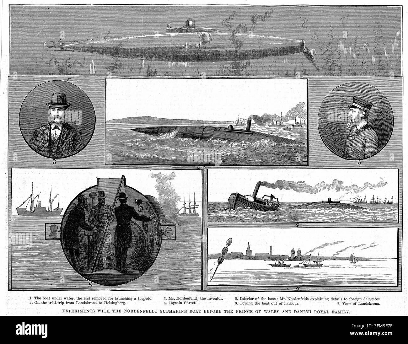 Une gravure sur bois intitulée "Expériences avec le sous-marin Nordenfelt devant le Prince de Galles et la famille royale danoise" dépeignant des scènes du navire à vapeur conçu par Thorsten Nordenfelt (1842–1920) et George Garrett (1852–1902). L'illustration composite comprend des vues du sous-marin immergé, de son voyage d'essai de Landskrona à Helsingborg, et de l'intérieur où Nordenfelt expliquait les opérations techniques aux délégués étrangers. Ces démonstrations ont été menées au large des côtes suédoises pour le Prince de Galles, plus tard roi Édouard VII, et la famille royale danoise. Le Nordenfelt Banque D'Images