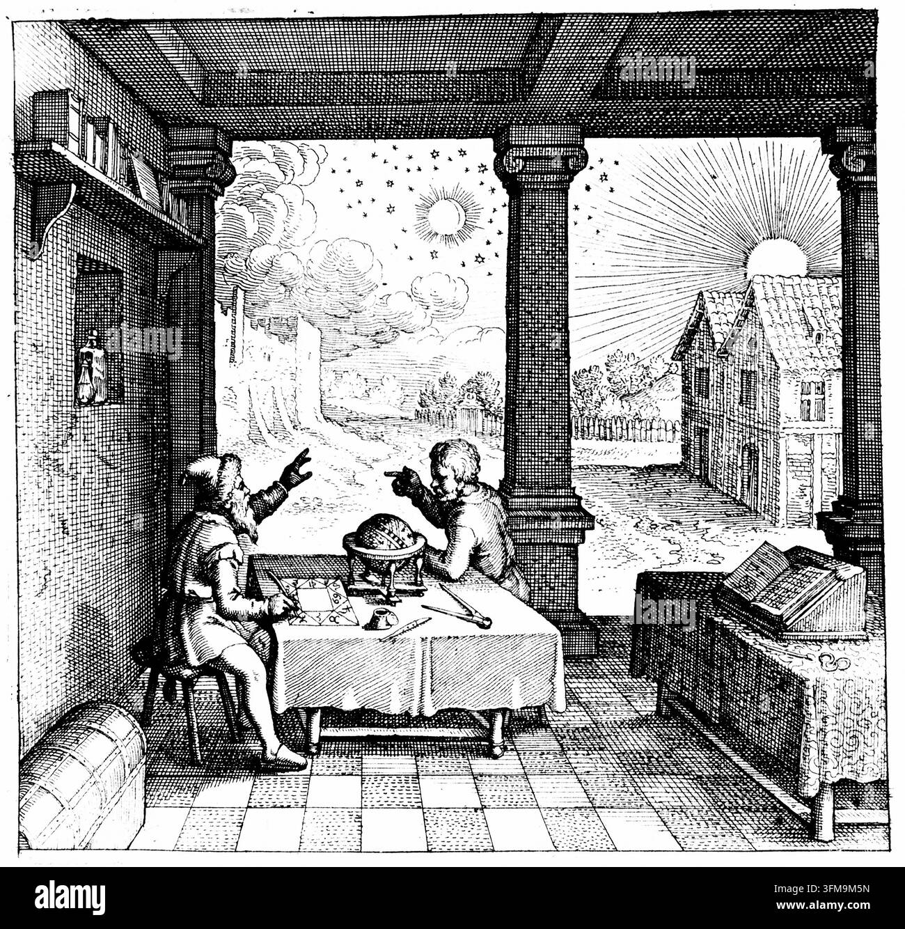 Une gravure représentant des astrologues préparant un horoscope tirée de 'Utriusque Cosmi Historia' de Robert Fludd (1574–1637). Cette planche de l'œuvre philosophique majeure de Fludd illustre l'intersection de l'observation céleste et du tirage des horoscopes, qu'il a intégrée à son étude rosenkreuzienne et alchimique plus large du macrocosme et du microcosme. La scène montre deux praticiens dans un bureau équipé d'un globe céleste et de cartes astrologiques, avec les corps célestes du soleil, de la lune et des étoiles visibles à travers les ouvertures architecturales. L'œuvre a été publiée à Oppenheim par Hieronym Banque D'Images