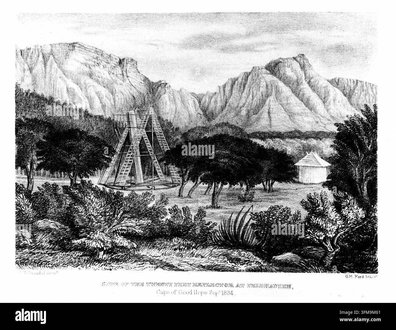 Une lithographie représentant le télescope réflecteur de vingt pieds de Sir John Frederick William Herschel (1792–1871) érigé à Feldhausen dans le Cap de Bonne-Espérance (Afrique du Sud). Situé devant le fond du mont du Tafelberg, le télescope a été utilisé lors de l'expédition astronomique de Herschel pour étudier et cataloguer les étoiles et les nébuleuses de l'hémisphère sud, poursuivant le travail de cartographie céleste commencé par son père, Sir William Herschel. L'image illustre le site tel qu'il apparaissait en septembre 1834 et a été publiée dans Results of Astronomical Observations faites au cours des années 1834, 5, Banque D'Images