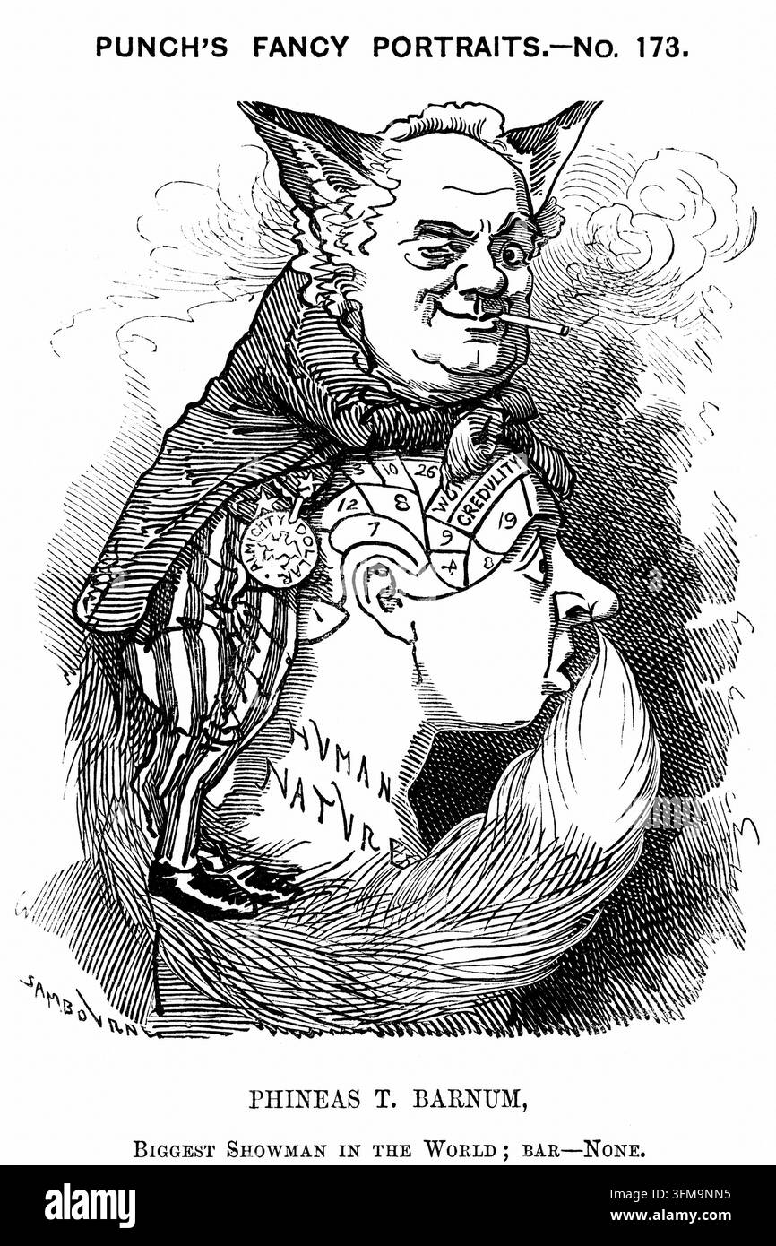 Une gravure d'Edward Linley Sambourne (1844–1910) représentant Phineas Taylor Barnum (1810–1891) comme un renard rusé exploitant la bosse phrenologique de la crédulité. Faisant partie de la série "Fancy Portraits", la caricature satirise la réputation de l'exploiteur de foires américain pour ses escroqueries et son exploitation perçue de la crédulité publique, faisant référence à la popularité contemporaine de la phrénologie. Barnum est représenté avec des oreilles de renard et une queue, portant un pantalon à étoiles et rayures, clignant de l'œil alors qu'il pointe vers la section "Crédulité" d'une carte phrenologique sur une tête étiquetée "Nature humaine". L'illustration se moque de Barnum's p Banque D'Images