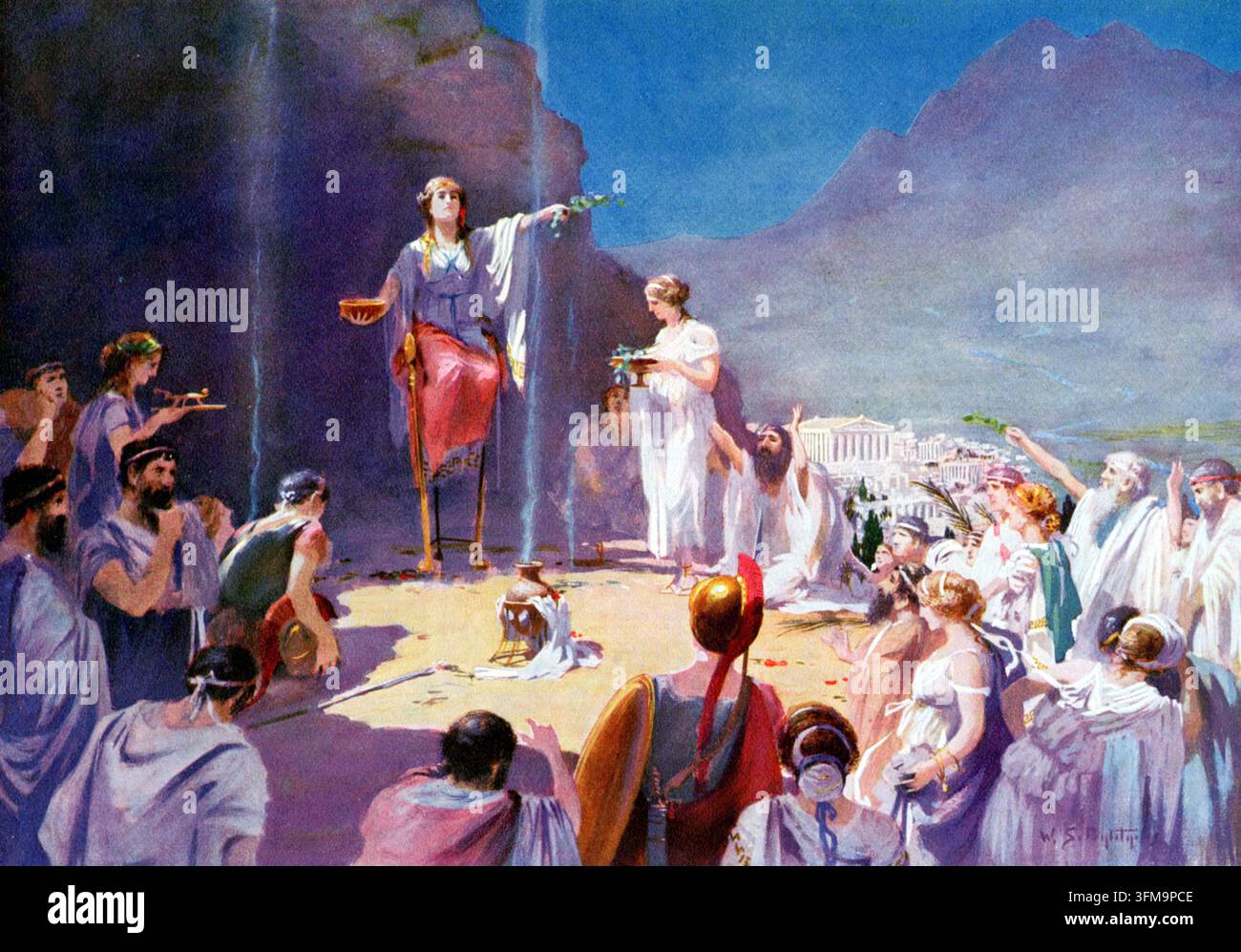 Une peinture intitulée "Consultation de l'Oracle de Delphes" par William Spencer Bagdatopoulos (1888–1965) représentant la Pythie, la prêtresse du Temple d'Apollon à Delphes, assise sur un trépied de bronze au-dessus d'un gouffre d'où s'élevaient des vapeurs sacrées. Connue comme le plus célèbre oracle de la Grèce antique, la Pythie délivrait des prophéties en vers ambigus aux suppliants depuis son sanctuaire au pied du mont Parnasse, un site considéré par les Grecs comme le nombril du monde. Le poste était traditionnellement occupé par une femme célibataire de plus de cinquante ans dont les paroles étaient transmises aux suppliants par un prêtre Banque D'Images