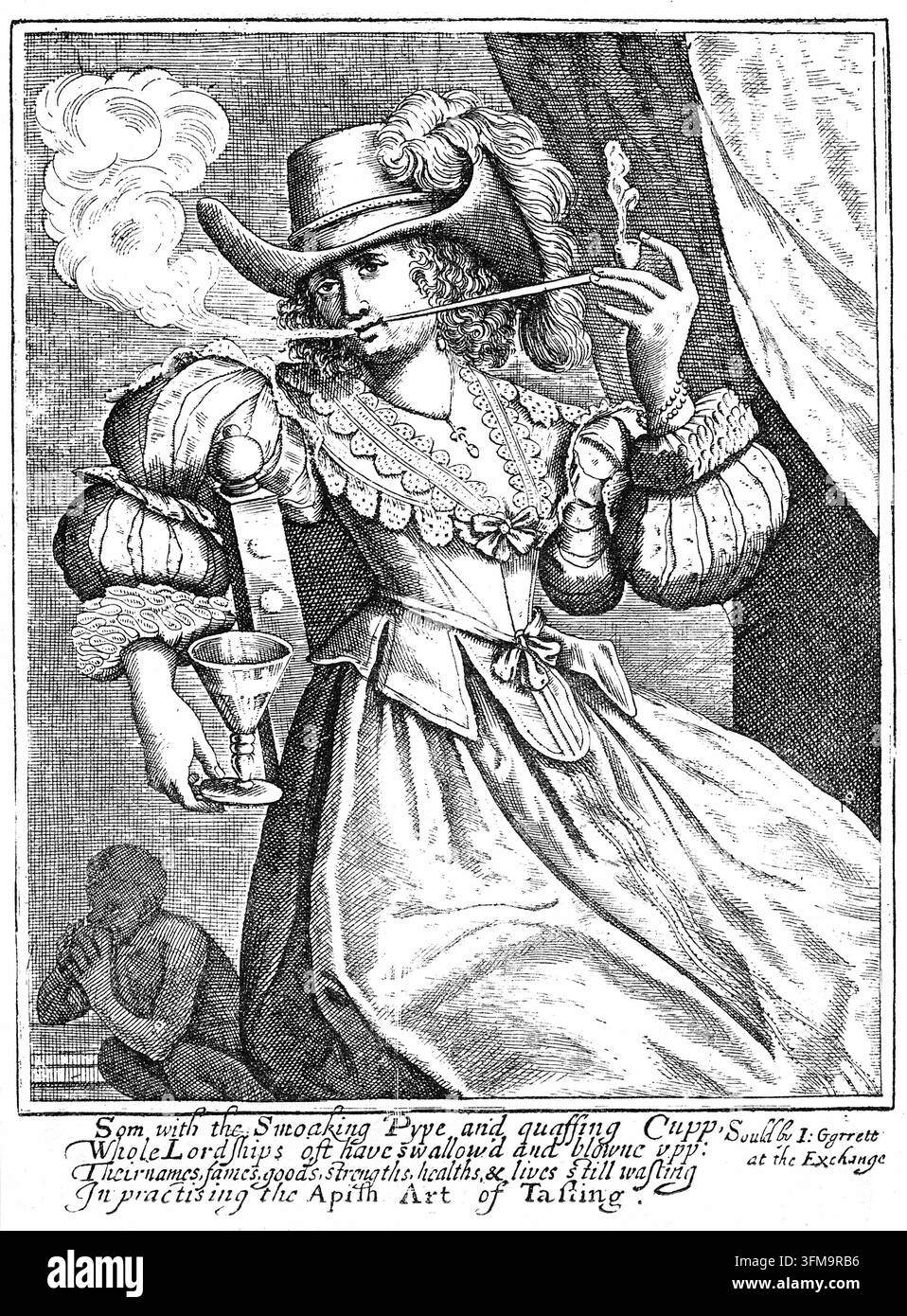 Une gravure représentant une jeune femme vêtue d’une tenue élaborée du XVIIe siècle fumant une longue pipe en terre cuite et tenant une tazza en verre, illustrant le thème moralisateur de l'« Art Singe du Goût ». Vendue par John Garrett à la Royal Exchange à Londres, l’estampe sert de critique sociale de la consommation excessive de tabac et d’alcool, alors perçus comme des vices étrangers gaspilleurs. Le vers satirique accompagnant met en garde que de telles habitudes entraînent la perte de réputation, de santé et de fortune, tandis qu’une petite figure d’un serviteur esclave est représentée en train de fumer en arrière-plan. c. 1670. Banque D'Images