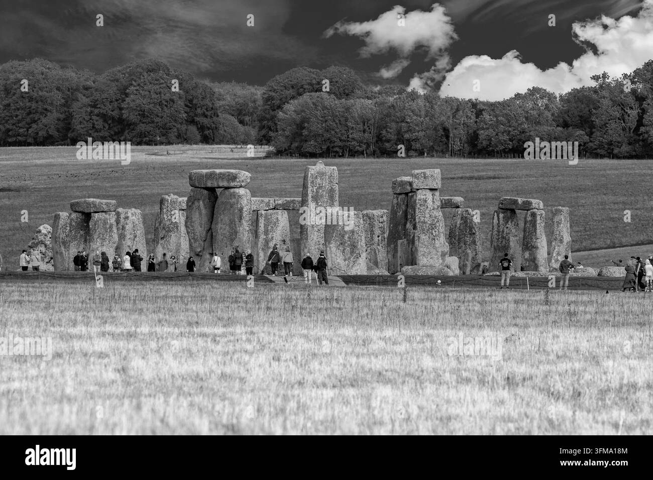 Le Stonehenge historique est une structure mégalithique préhistorique formée d'un cercle de pierres debout sur la plaine de Salisbury dans le Wiltshire, en Angleterre, noir et blanc Banque D'Images