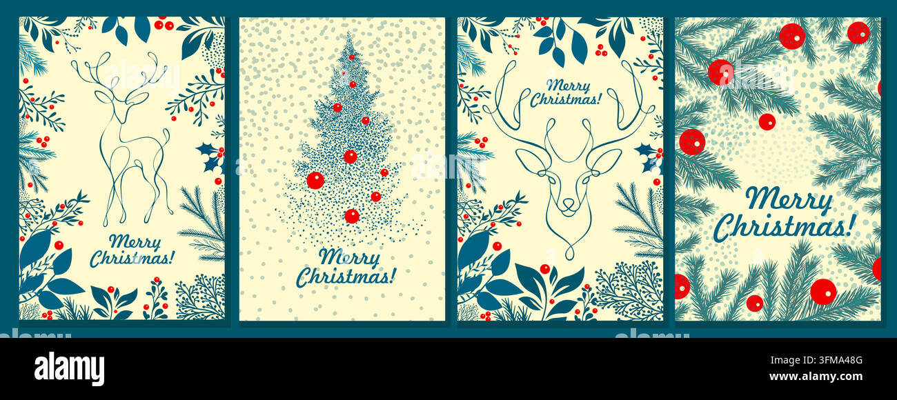 Ensemble de cartes de Noël. Renne de Noël dessiné à la main. Pas d'IA. Illustration vectorielle Illustration de Vecteur